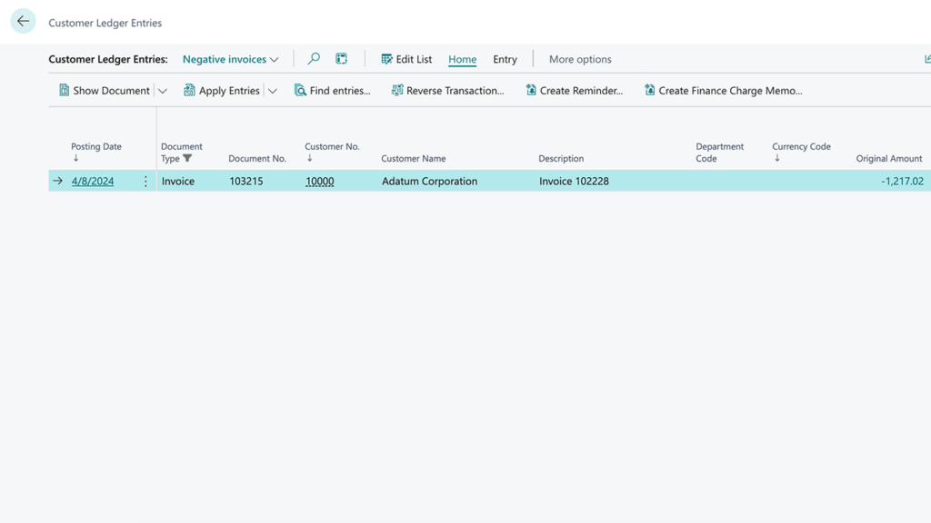 Negative customer ledger entries