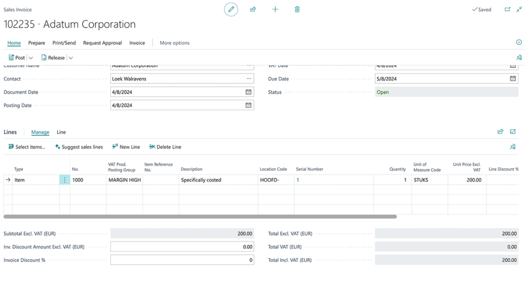 Sales invoice with margin VAT Business Central